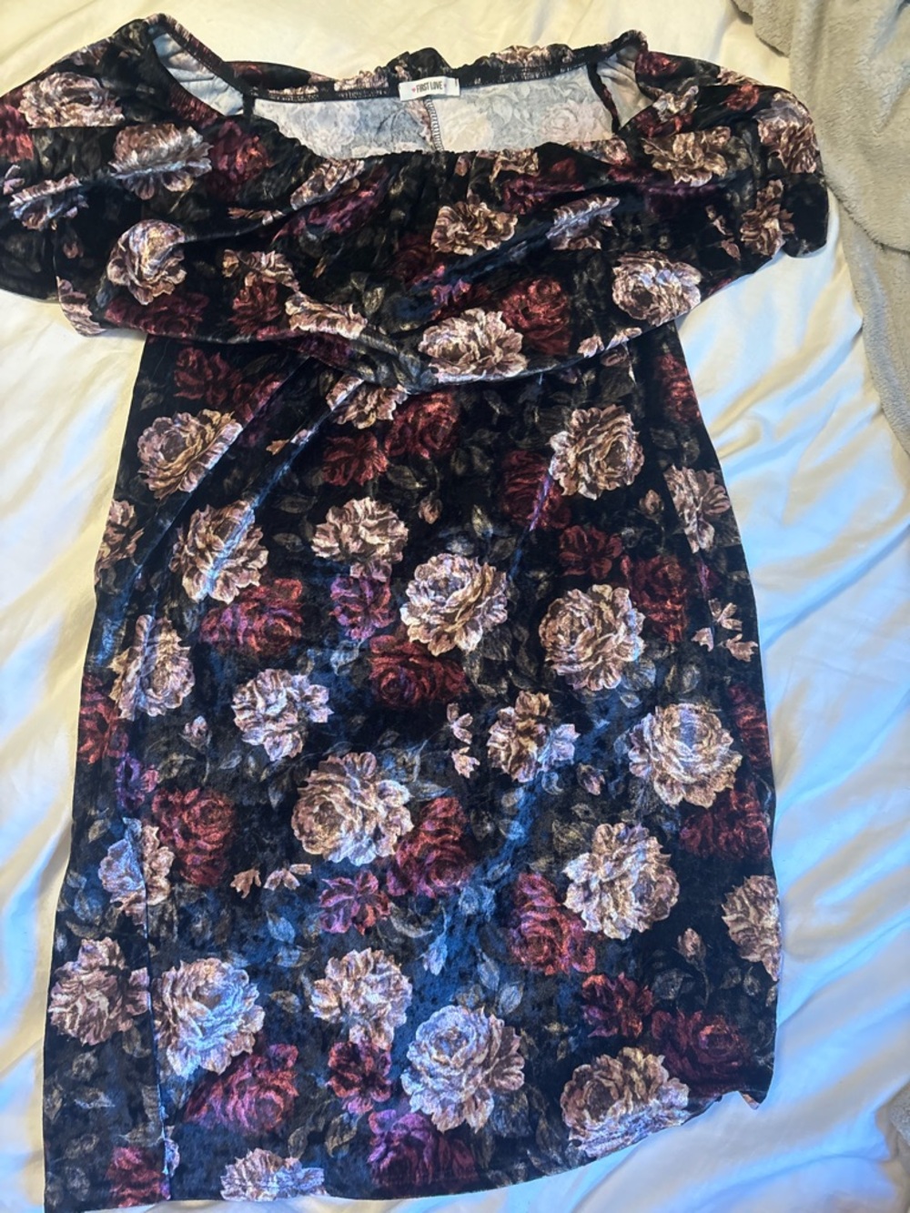 First Love Velvet Floral Off-Shoulder Mini Dress in Black, Burgundy and Cream
